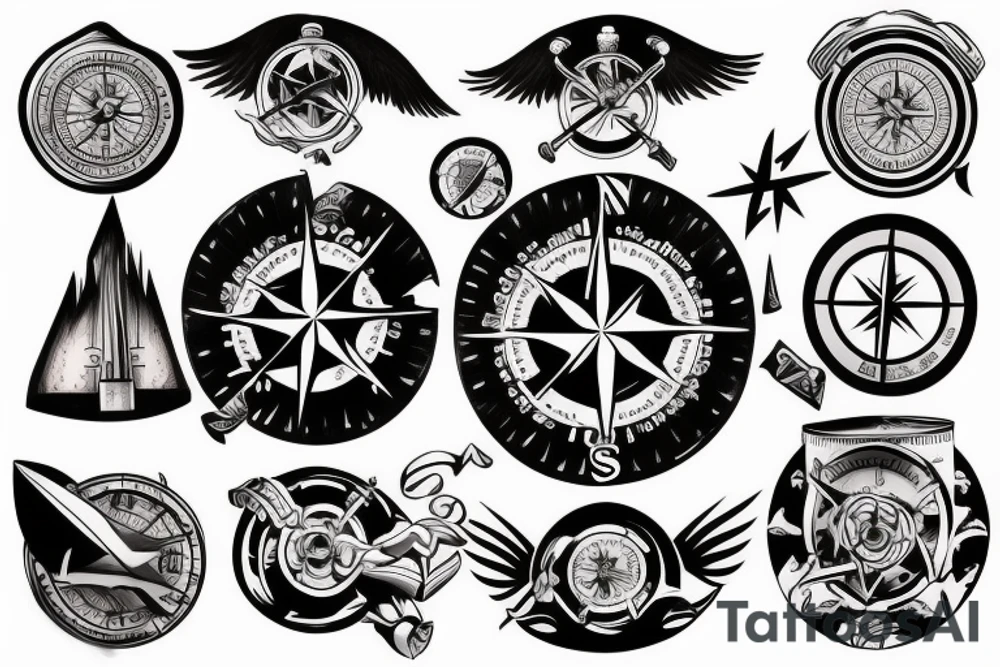surreal compass fortress tattoo idea