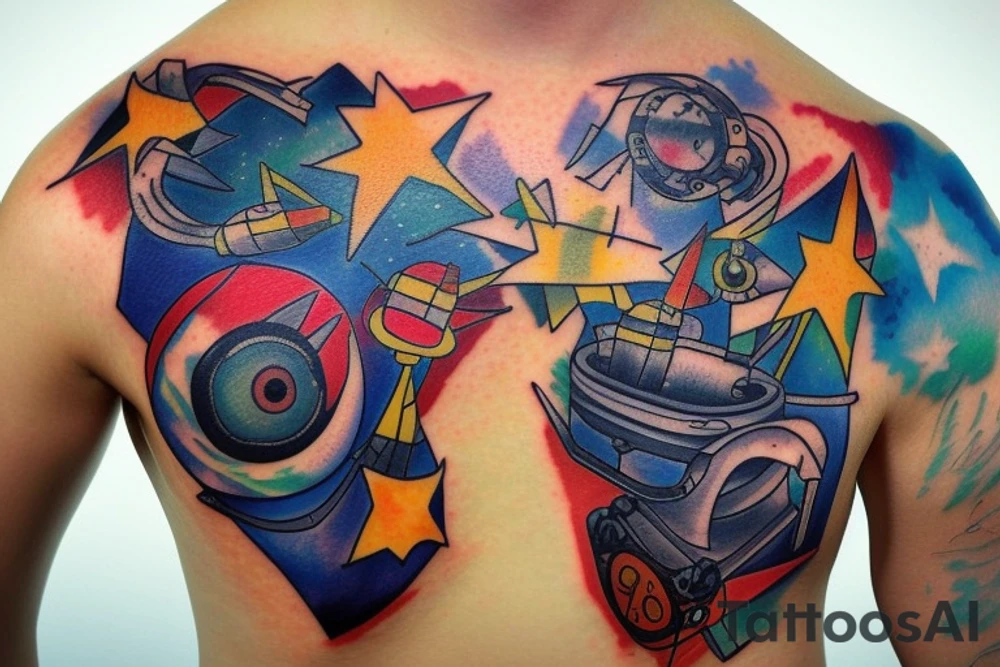 plane dropping bombs at night colorful tattoo idea