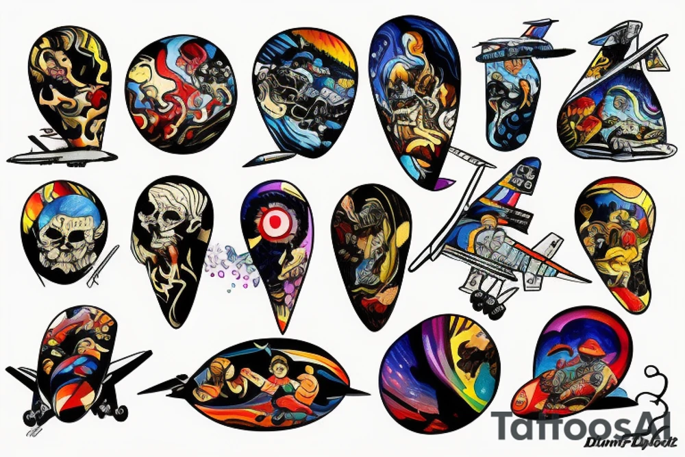 plane dropping bombs at night colorful tattoo idea