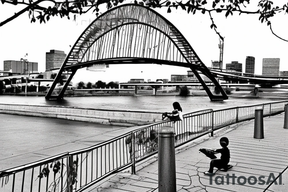 Downtown Little Rock Arkansas skyline with the Arkansas river bridge in front of it. Then the river walk sidewalk with a little boy sitting on the sidewalk playing with a rose growing out of a crack in the sidewalk tattoo idea