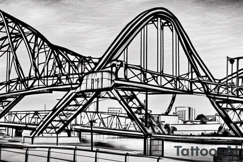 Downtown Little Rock Arkansas skyline with the Arkansas river bridge in front of it. Then the river walk sidewalk with a little boy sitting on the sidewalk playing with a rose growing out of a crack in the sidewalk tattoo idea