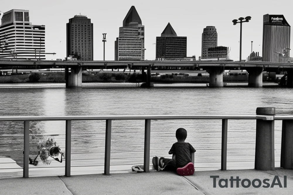 Downtown Little Rock Arkansas skyline with the Arkansas river bridge in front of it. Then the river walk sidewalk with a little boy sitting on the sidewalk playing with a rose growing out of a crack in the sidewalk tattoo idea