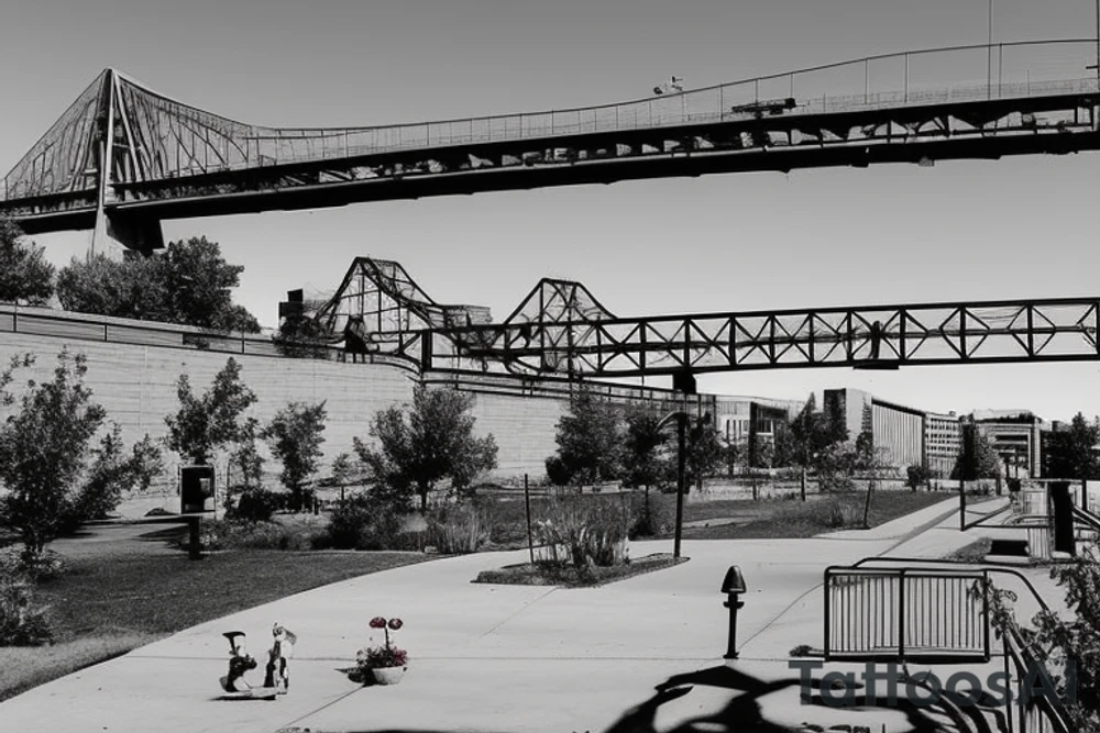 Downtown Little Rock Arkansas skyline with the Arkansas river bridge in front of it. Then the river walk sidewalk with a little boy sitting on the sidewalk playing with a rose growing out of a crack in the sidewalk tattoo idea