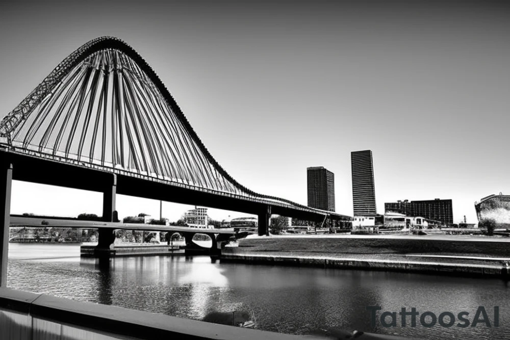 Downtown Little Rock Arkansas skyline with the Arkansas river bridge in front of it. Then the river walk sidewalk with a little boy sitting on the sidewalk playing with a rose growing out of a crack in the sidewalk the little boy and the rose is the focus tattoo idea