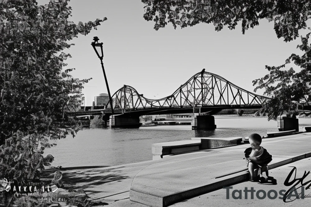 Downtown Little Rock Arkansas skyline with the Arkansas river bridge in front of it. Then the river walk sidewalk with a little boy sitting on the sidewalk playing with a rose growing out of a crack in the sidewalk the little boy and the rose is the focus tattoo idea