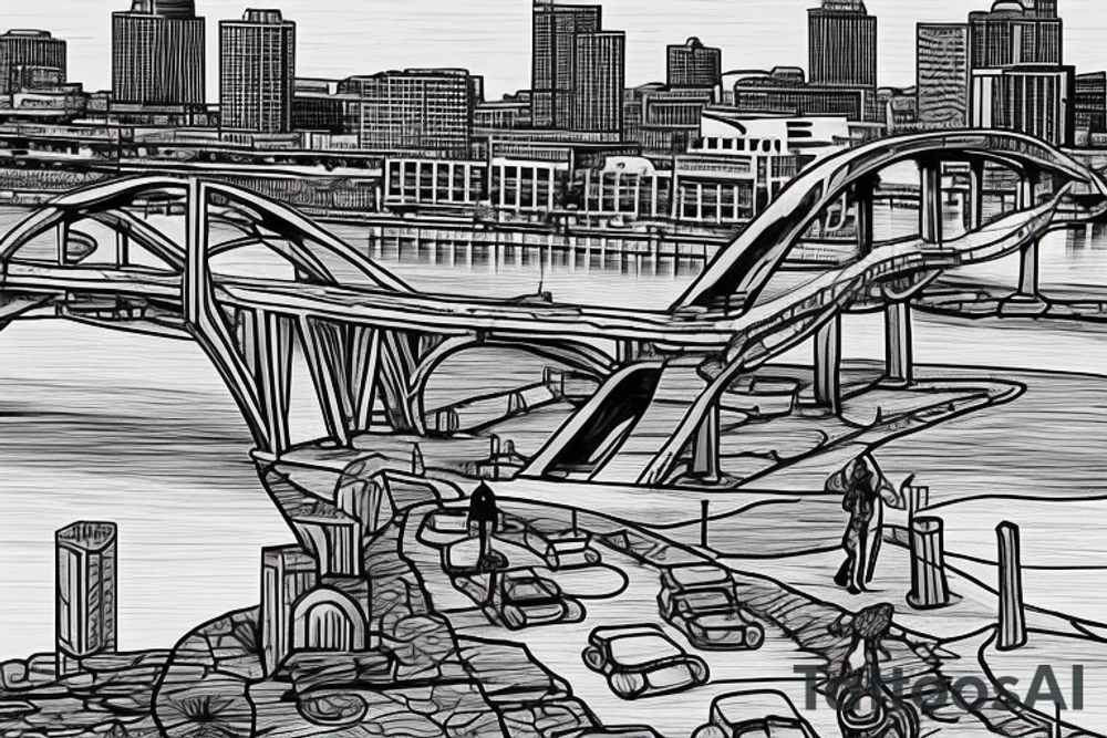Downtown Little Rock Arkansas skyline with the Arkansas river bridge in front of it. Then the river walk sidewalk with a little boy sitting on the sidewalk playing with a rose growing out of a crack in the sidewalk the little boy and the rose is the focus tattoo idea