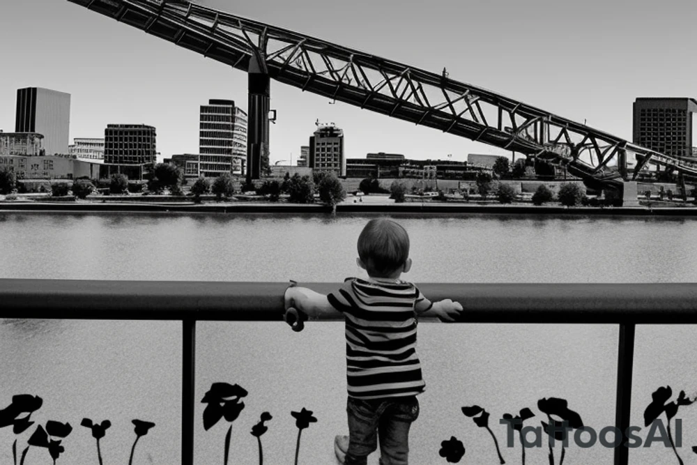 Downtown Little Rock Arkansas skyline with the Arkansas river bridge in front of it. Then the river walk sidewalk with a little boy sitting on the sidewalk playing with a rose growing out of a crack in the sidewalk the little boy and the rose is the focus tattoo idea
