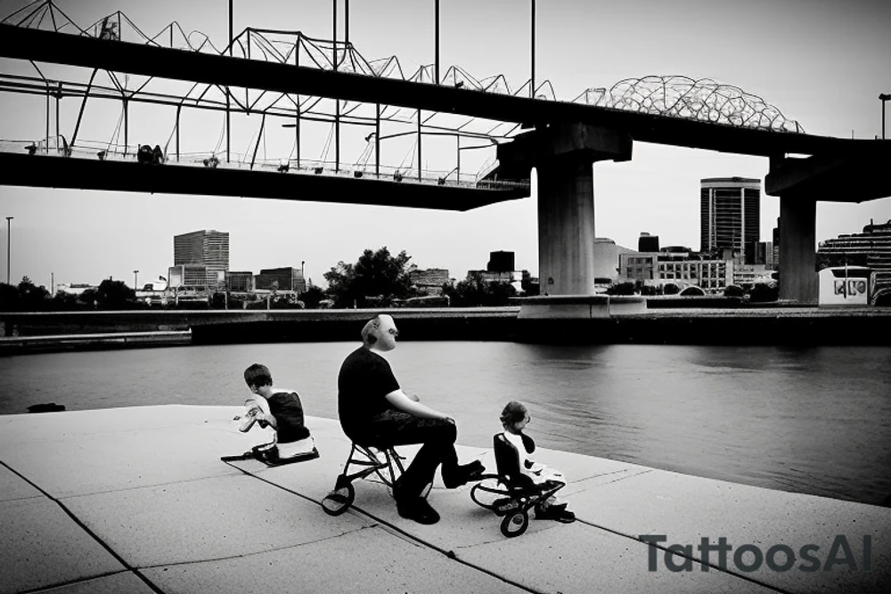 Downtown Little Rock Arkansas skyline with the Arkansas river bridge in front of it. Then the river walk sidewalk with a little boy sitting on the sidewalk playing with a rose growing out of a crack in the sidewalk the little boy and the rose is the focus tattoo idea