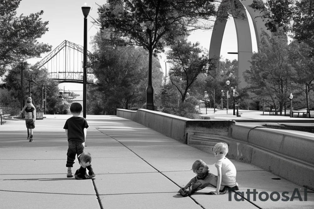 Downtown Little Rock Arkansas skyline with the Arkansas river bridge in front of it. Then the river walk sidewalk with a little boy sitting on the sidewalk playing with a rose growing out of a crack in the sidewalk the little boy and the rose is the focus tattoo idea