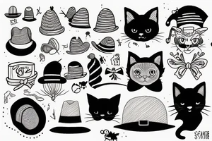 black cat with a funny hat and sweater tattoo idea