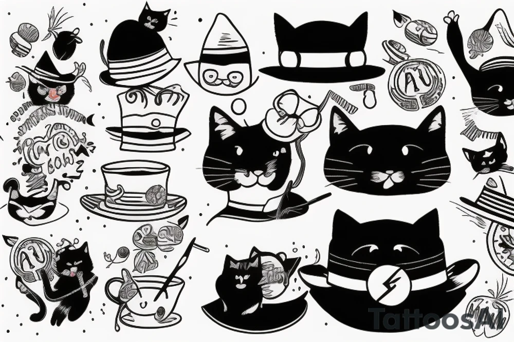 black cat with a funny hat and sweater tattoo idea