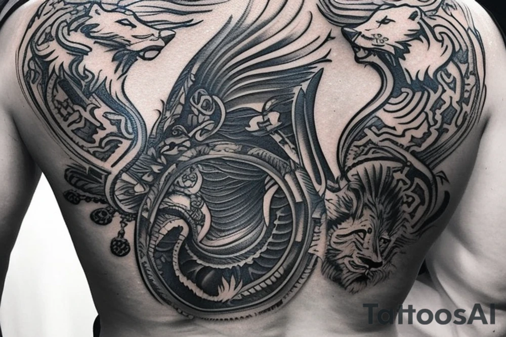 Upper back tattoo that extends around the right shoulder to the right upper chest. The left side of the tattoo is the left half of navy aviator wings. The right side of the tattoo is a tribal mesh of the following items: fishing Hook, Fox, colon, Lion, Honey bee, Lock and key, Top hat, King’s Crown, crescent moon. The end of the tattoo, on the upper right chest, is a tribal anchor. tattoo idea