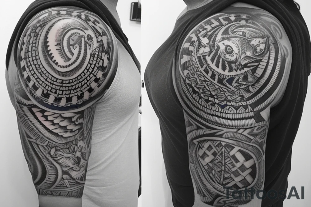 Upper back tattoo that extends around the right shoulder to the right upper chest. The left side of the tattoo is the left half of navy aviator wings. The right side of the tattoo is a tribal mesh of the following items: fishing Hook, Fox, colon, Lion, Honey bee, Lock and key, Top hat, King’s Crown, crescent moon. The end of the tattoo, on the upper right chest, is a tribal anchor. tattoo idea