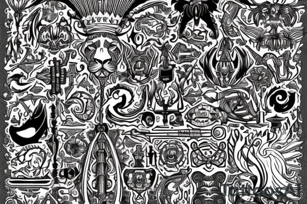 Upper back tattoo. The left side of the tattoo is the left half of navy aviator wings. The right side of the tattoo is a tribal mesh of the following items: fishing Hook, Fox, colon, Lion, Honey bee, Lock and key, Top hat, King’s Crown, crescent moon and anchor. tattoo idea
