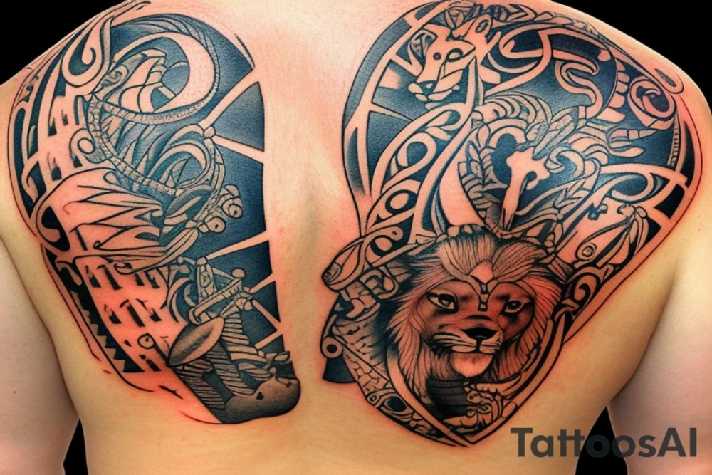 Upper back tattoo. The left side of the tattoo is the left half of navy aviator wings. The right side of the tattoo is a tribal mesh of the following items: fishing Hook, Fox, colon, Lion, Honey bee, Lock and key, Top hat, King’s Crown, crescent moon and anchor. tattoo idea