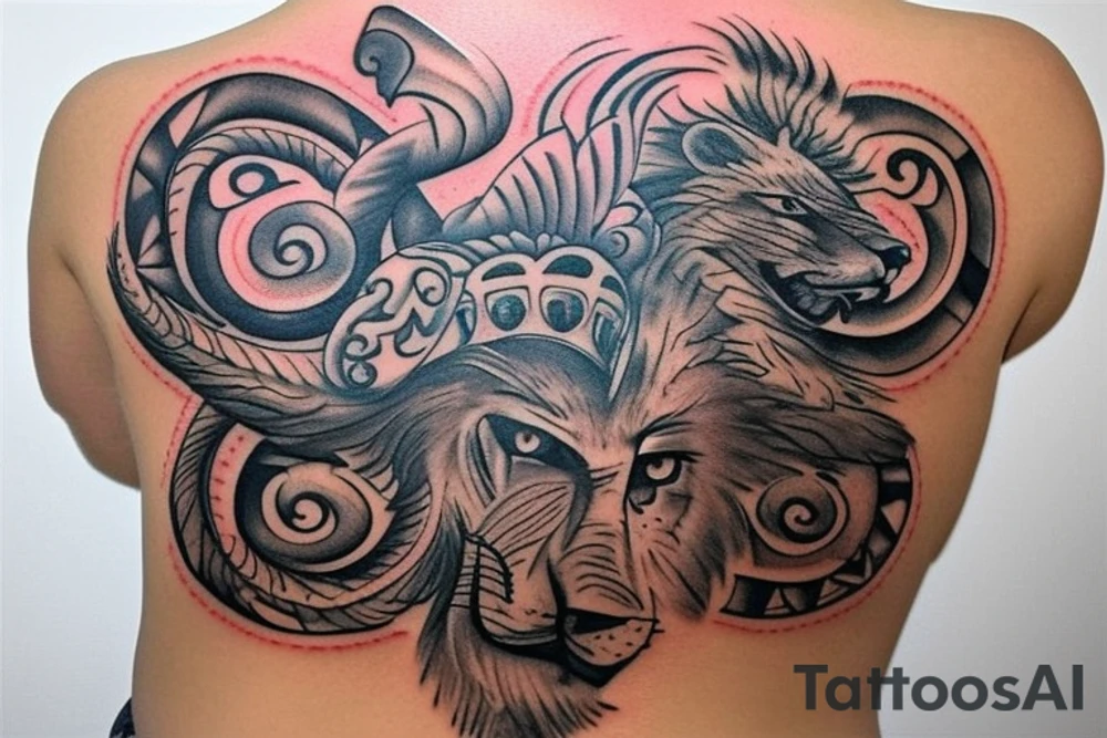 Upper back tattoo. The left side of the tattoo is the left half of US Navy aviator wings. The right side of the tattoo is a tribal mesh of the following items: fishing Hook, Fox, colon, Lion, Honey bee, Lock and key, Top hat, King’s Crown, crescent moon and anchor. tattoo idea