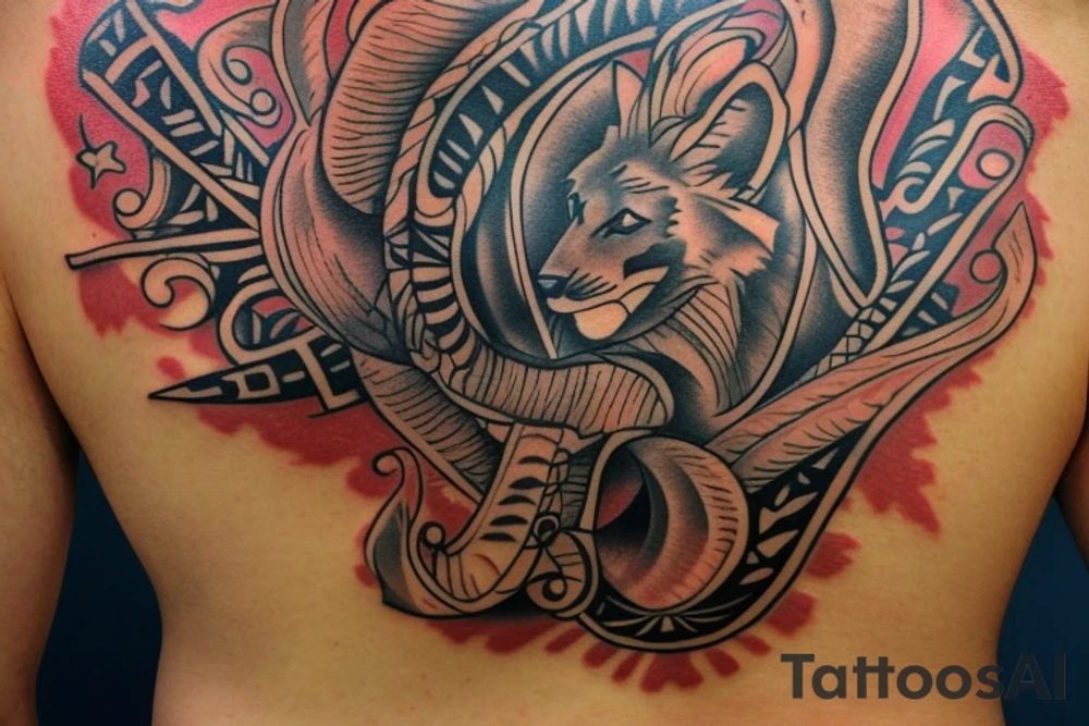 Upper back tattoo. The left side of the tattoo is the left half of US Navy aviator wings. The right side of the tattoo is a tribal mesh of the following items: fishing Hook, Fox, colon, Lion, Honey bee, Lock and key, Top hat, King’s Crown, crescent moon and anchor. tattoo idea