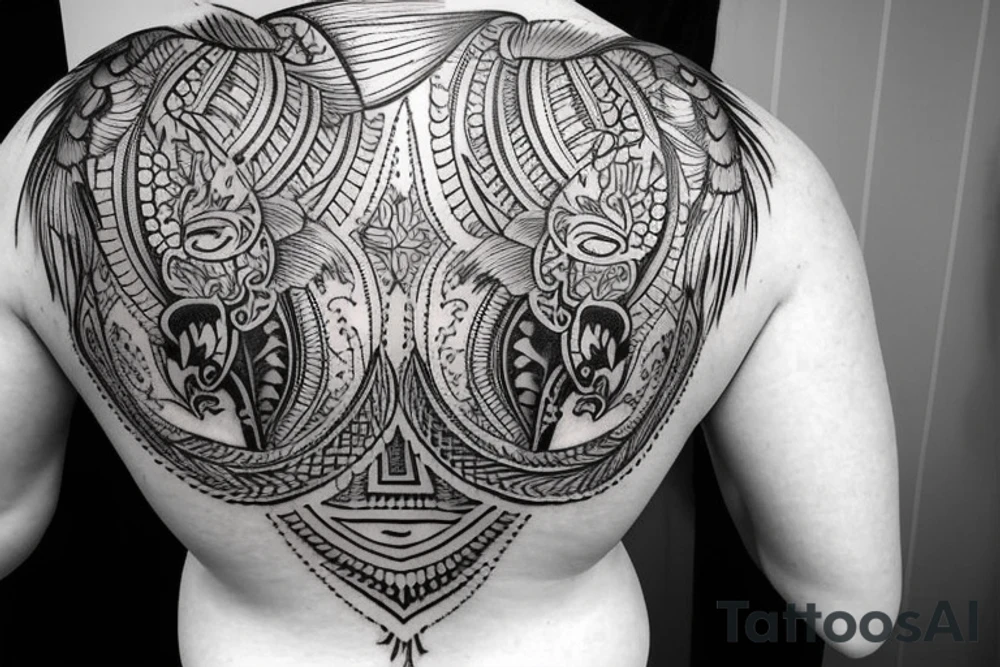 Upper back tattoo. The tattoo is a tribal mesh of the following items: fishing Hook, Fox, colon, Lion, Honey bee, Lock and key, Top hat, King’s Crown, crescent moon, anchor, wings. tattoo idea