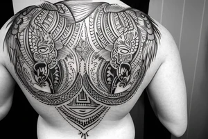 Upper back tattoo. The tattoo is a tribal mesh of the following items: fishing Hook, Fox, colon, Lion, Honey bee, Lock and key, Top hat, King’s Crown, crescent moon, anchor, wings. tattoo idea