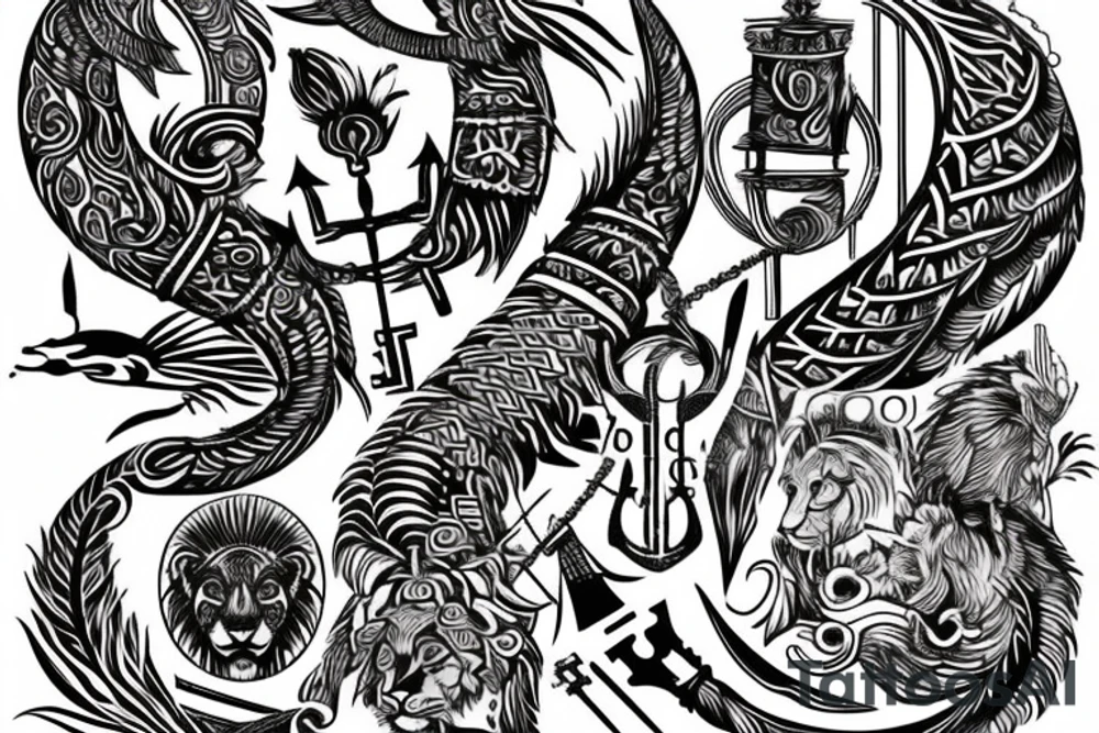 Upper back tattoo. The tattoo is a tribal mesh of the following items: fishing Hook, Fox, colon, Lion, Honey bee, Lock and key, Top hat, King’s Crown, crescent moon, anchor, wings. tattoo idea