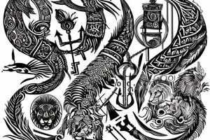 Upper back tattoo. The tattoo is a tribal mesh of the following items: fishing Hook, Fox, colon, Lion, Honey bee, Lock and key, Top hat, King’s Crown, crescent moon, anchor, wings. tattoo idea