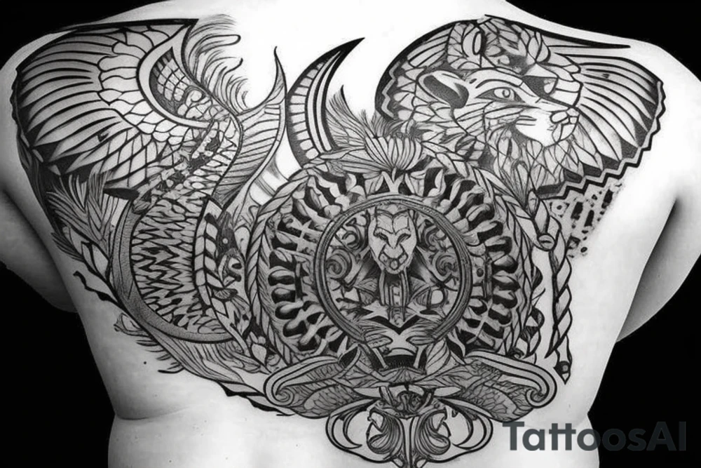Upper back tattoo. The tattoo is a tribal mesh of the following items: fishing Hook, Fox, colon, Lion, Honey bee, Lock and key, Top hat, King’s Crown, crescent moon, anchor, wings. tattoo idea