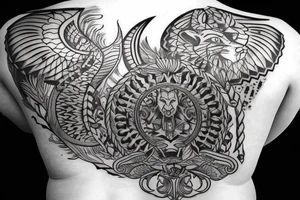 Upper back tattoo. The tattoo is a tribal mesh of the following items: fishing Hook, Fox, colon, Lion, Honey bee, Lock and key, Top hat, King’s Crown, crescent moon, anchor, wings. tattoo idea