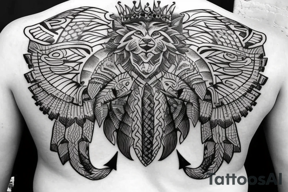 Upper back tattoo. The tattoo is a tribal mesh of the following items: fishing Hook, Fox, colon, Lion, Honey bee, Lock and key, Top hat, King’s Crown, crescent moon, anchor, wings. tattoo idea