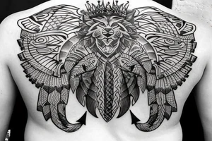 Upper back tattoo. The tattoo is a tribal mesh of the following items: fishing Hook, Fox, colon, Lion, Honey bee, Lock and key, Top hat, King’s Crown, crescent moon, anchor, wings. tattoo idea