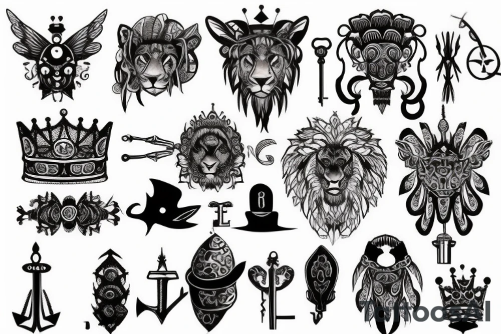 Upper back tattoo. The tattoo is a tribal mesh of the following items: fishing Hook, Fox, colon, Lion, Honey bee, Lock and key, Top hat, King’s Crown, crescent moon, anchor, wings. tattoo idea