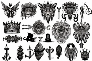 Upper back tattoo. The tattoo is a tribal mesh of the following items: fishing Hook, Fox, colon, Lion, Honey bee, Lock and key, Top hat, King’s Crown, crescent moon, anchor, wings. tattoo idea