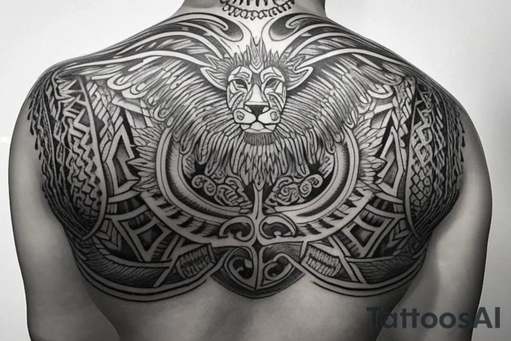 Upper back tattoo. The tattoo is a tribal mesh of the following items: fishing Hook, Fox, colon, Lion, Honey bee, Lock and key, Top hat, King’s Crown, crescent moon, anchor, wings. tattoo idea