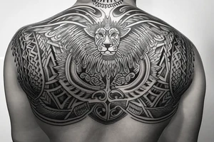 Upper back tattoo. The tattoo is a tribal mesh of the following items: fishing Hook, Fox, colon, Lion, Honey bee, Lock and key, Top hat, King’s Crown, crescent moon, anchor, wings. tattoo idea