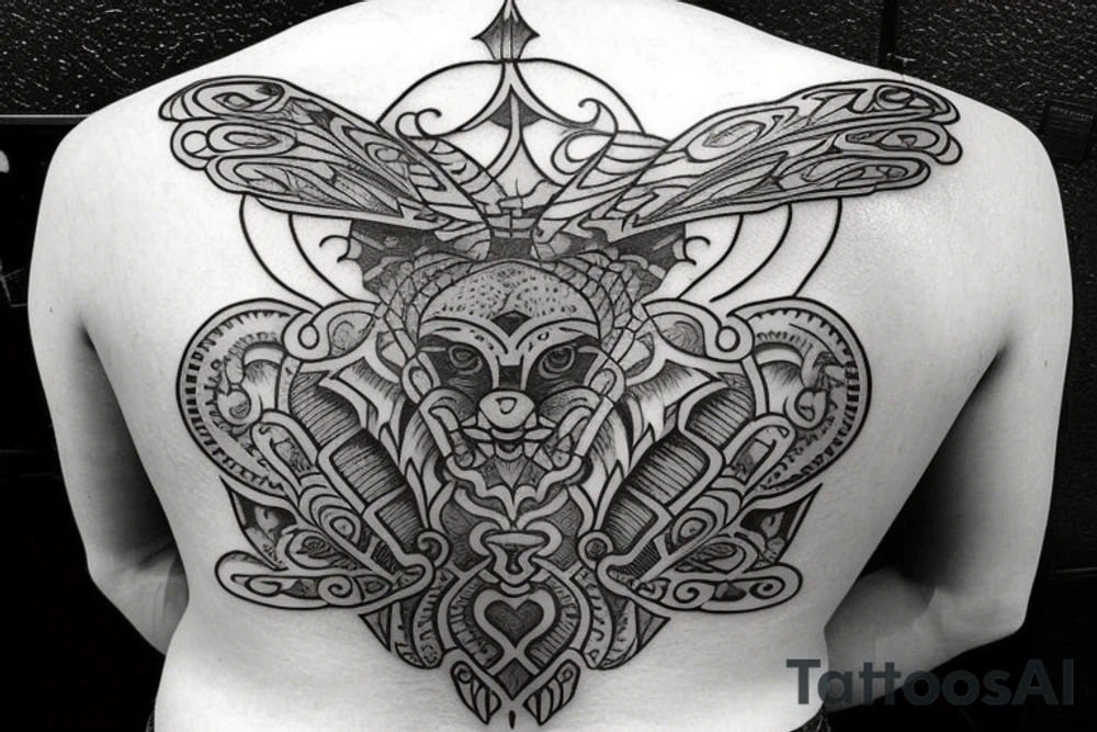 Upper back tattoo. The tattoo is a tribal mesh that includes the following items: fishing Hook, Fox, colon, Lion, Honey bee, Lock and key, Top hat, King’s Crown, crescent moon, anchor, wings. tattoo idea