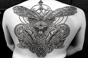 Upper back tattoo. The tattoo is a tribal mesh that includes the following items: fishing Hook, Fox, colon, Lion, Honey bee, Lock and key, Top hat, King’s Crown, crescent moon, anchor, wings. tattoo idea