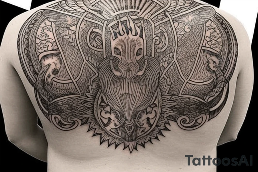 Upper back tattoo. The tattoo is a tribal mesh that includes the following items: fishing Hook, Fox, colon, Lion, Honey bee, Lock and key, Top hat, King’s Crown, crescent moon, anchor, wings. tattoo idea