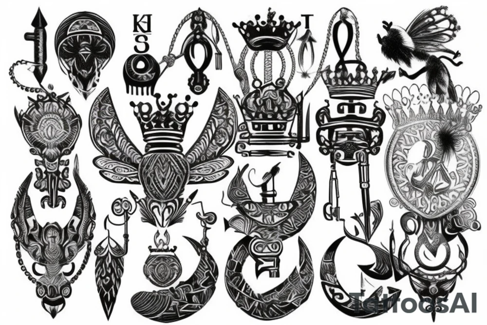 Upper back tattoo. The tattoo is a tribal mesh that includes the following items: fishing Hook, Fox, colon, Lion, Honey bee, Lock and key, Top hat, King’s Crown, crescent moon, anchor, wings. tattoo idea