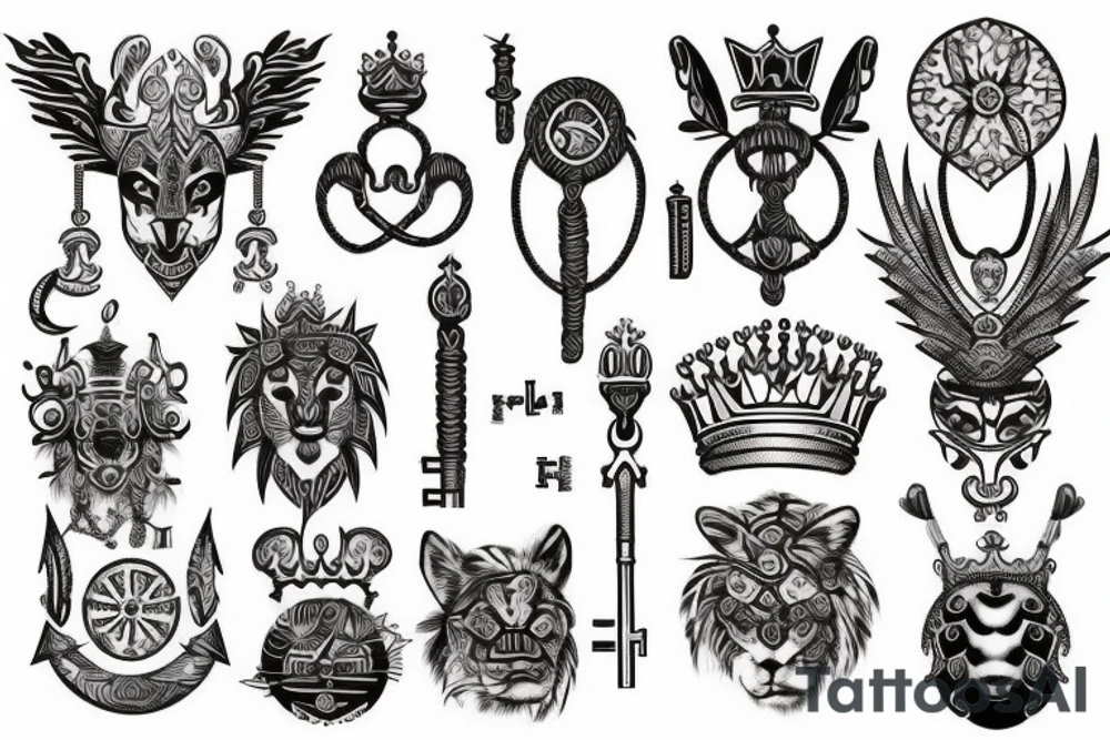 Upper back tattoo. The tattoo is a tribal mesh that includes the following items: fishing Hook, Fox, colon, Lion, Honey bee, Lock and key, Top hat, King’s Crown, crescent moon, anchor, wings. tattoo idea