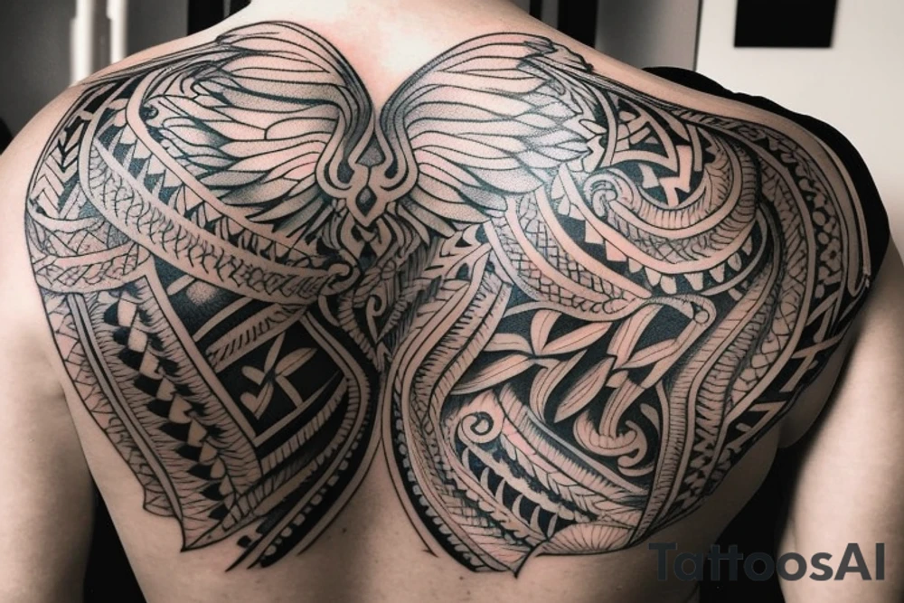 Upper back tattoo. The tattoo is a tribal mesh that includes the following items: fishing Hook, Fox, colon, Lion, Honey bee, Lock and key, Top hat, King’s Crown, crescent moon, anchor, wings. tattoo idea