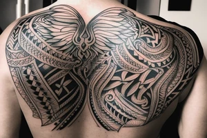 Upper back tattoo. The tattoo is a tribal mesh that includes the following items: fishing Hook, Fox, colon, Lion, Honey bee, Lock and key, Top hat, King’s Crown, crescent moon, anchor, wings. tattoo idea