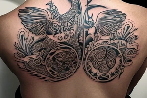 Upper back tattoo. The tattoo is a tribal mesh that includes the following items: fishing Hook, Fox, colon, Lion, Honey bee, Lock and key, Top hat, King’s Crown, crescent moon, anchor, wings. tattoo idea