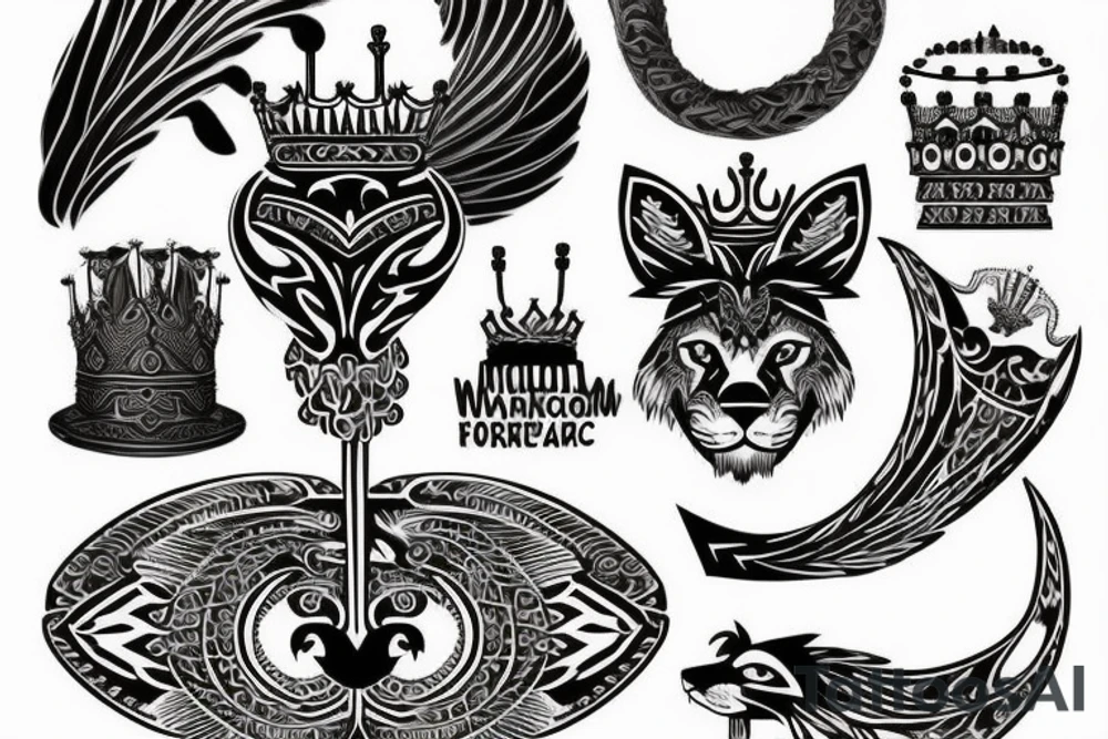 Upper back tattoo. The tattoo is a tribal mesh that includes the following items: fishing Hook, Fox, colon, Lion, Honey bee, Lock and key, Top hat, King’s Crown, crescent moon, anchor, wings. tattoo idea