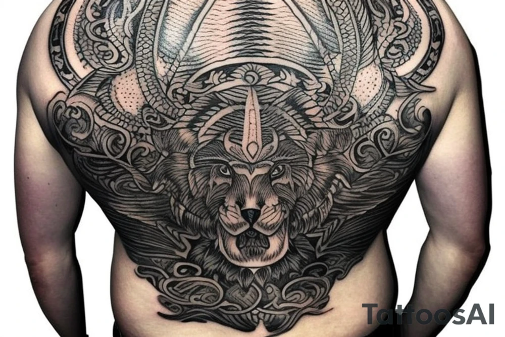 Upper back tattoo. The tattoo is a tribal mesh that includes the following items: fishing Hook, Fox, colon, Lion, Honey bee, Lock and key, Top hat, King’s Crown, crescent moon, anchor, wings. tattoo idea