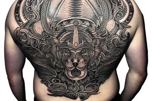 Upper back tattoo. The tattoo is a tribal mesh that includes the following items: fishing Hook, Fox, colon, Lion, Honey bee, Lock and key, Top hat, King’s Crown, crescent moon, anchor, wings. tattoo idea