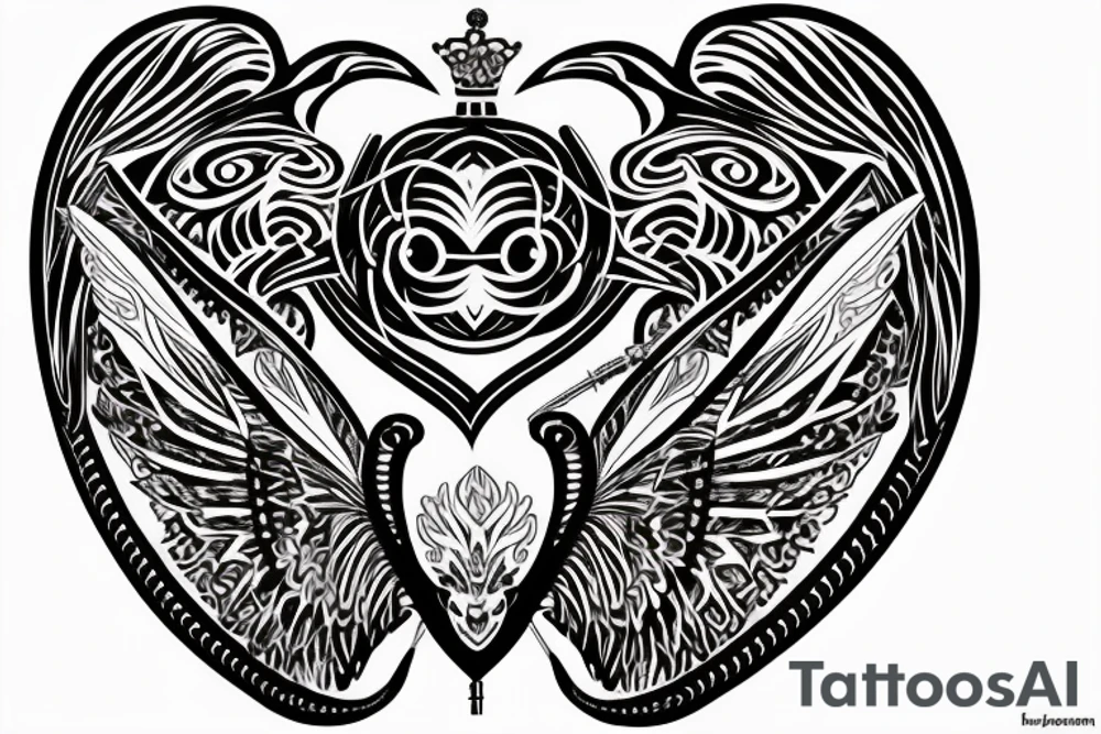 Upper back tattoo. The tattoo is a tribal mesh that includes the following items: fishing Hook, Fox, colon, Lion, Honey bee, Lock and key, Top hat, King’s Crown, crescent moon, anchor, wings. tattoo idea