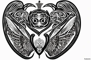 Upper back tattoo. The tattoo is a tribal mesh that includes the following items: fishing Hook, Fox, colon, Lion, Honey bee, Lock and key, Top hat, King’s Crown, crescent moon, anchor, wings. tattoo idea