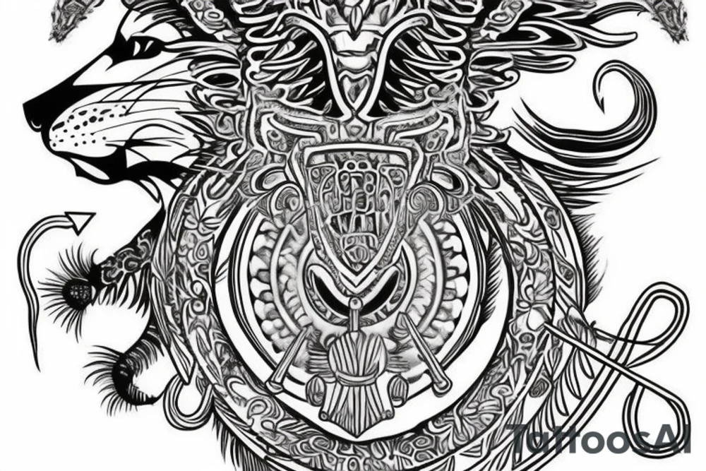 Upper back tattoo. The tattoo is a tribal mesh that includes the following items: fishing Hook, Fox, colon, Lion, Honey bee, Lock and key, Top hat, King’s Crown, crescent moon, anchor, wings. tattoo idea