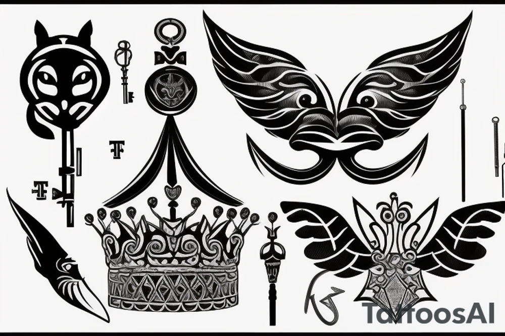 Upper back tattoo. The tattoo is a tribal mesh that includes the following items: fishing Hook, Fox, colon, Lion, Honey bee, Lock and key, Top hat, King’s Crown, crescent moon, anchor, wings. tattoo idea Upper back tattoo. The tattoo is a tribal mesh that includes the following items: fishing Hook, Fox, colon, Lion, Honey bee, Lock and key, Top hat, King’s Crown, crescent moon, anchor, wings. tattoo idea