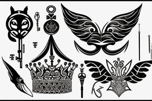 Upper back tattoo. The tattoo is a tribal mesh that includes the following items: fishing Hook, Fox, colon, Lion, Honey bee, Lock and key, Top hat, King’s Crown, crescent moon, anchor, wings. tattoo idea