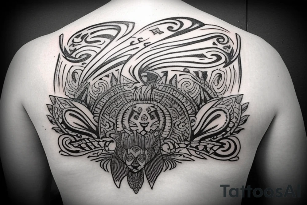 Upper back tattoo. The tattoo is a tribal mesh that includes the following items: fishing Hook, Fox, colon, Lion, Honey bee, Lock and key, Top hat, King’s Crown, crescent moon, anchor, wings. tattoo idea Upper back tattoo. The tattoo is a tribal mesh that includes the following items: fishing Hook, Fox, colon, Lion, Honey bee, Lock and key, Top hat, King’s Crown, crescent moon, anchor, wings. tattoo idea